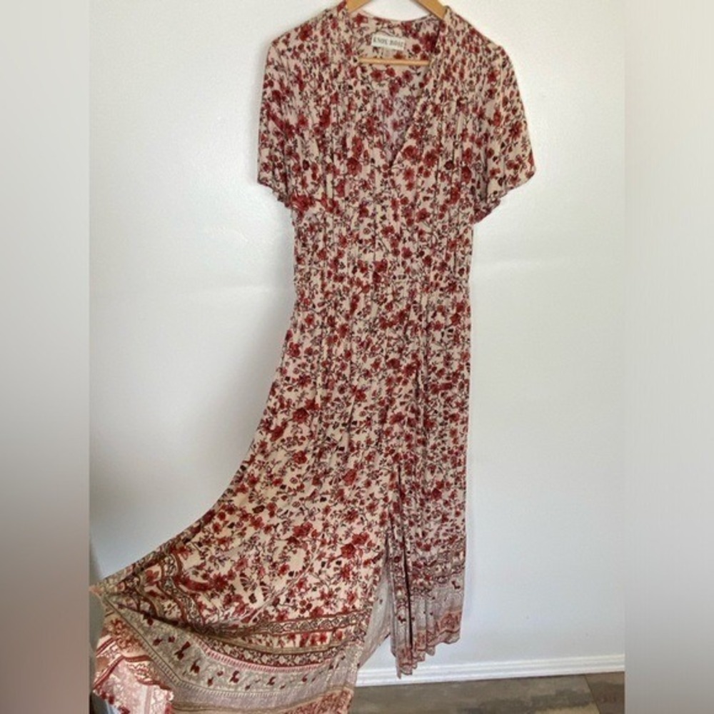 Knox Rose Floral Faux Wrap Maxi Dress Size XL Red Smocked Boho Cottagecore‎